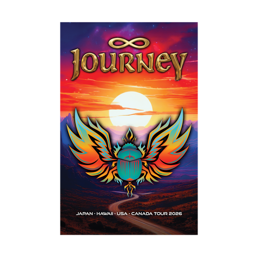 Journey Fall Tour Poster with sunset and scarab logo design
