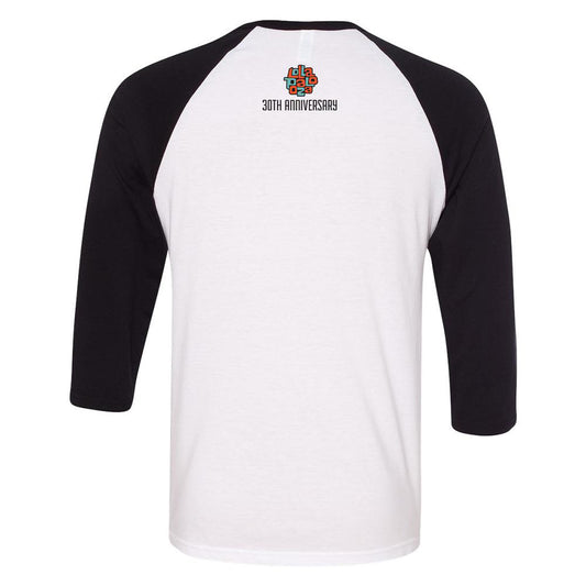 Journey x Lollapalooza infinity wings logo on a white and black raglan tee back that features the Lollapalooza logo and "30th anniversary"