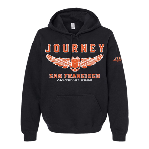 A black pullover hoodie with a front graphic that reads 'JOURNEY' and 'SAN FRANCISCO' in orange, featuring a winged emblem and the date 'MARCH 31, 2022'. A small orange graphic is printed on the left sleeve.