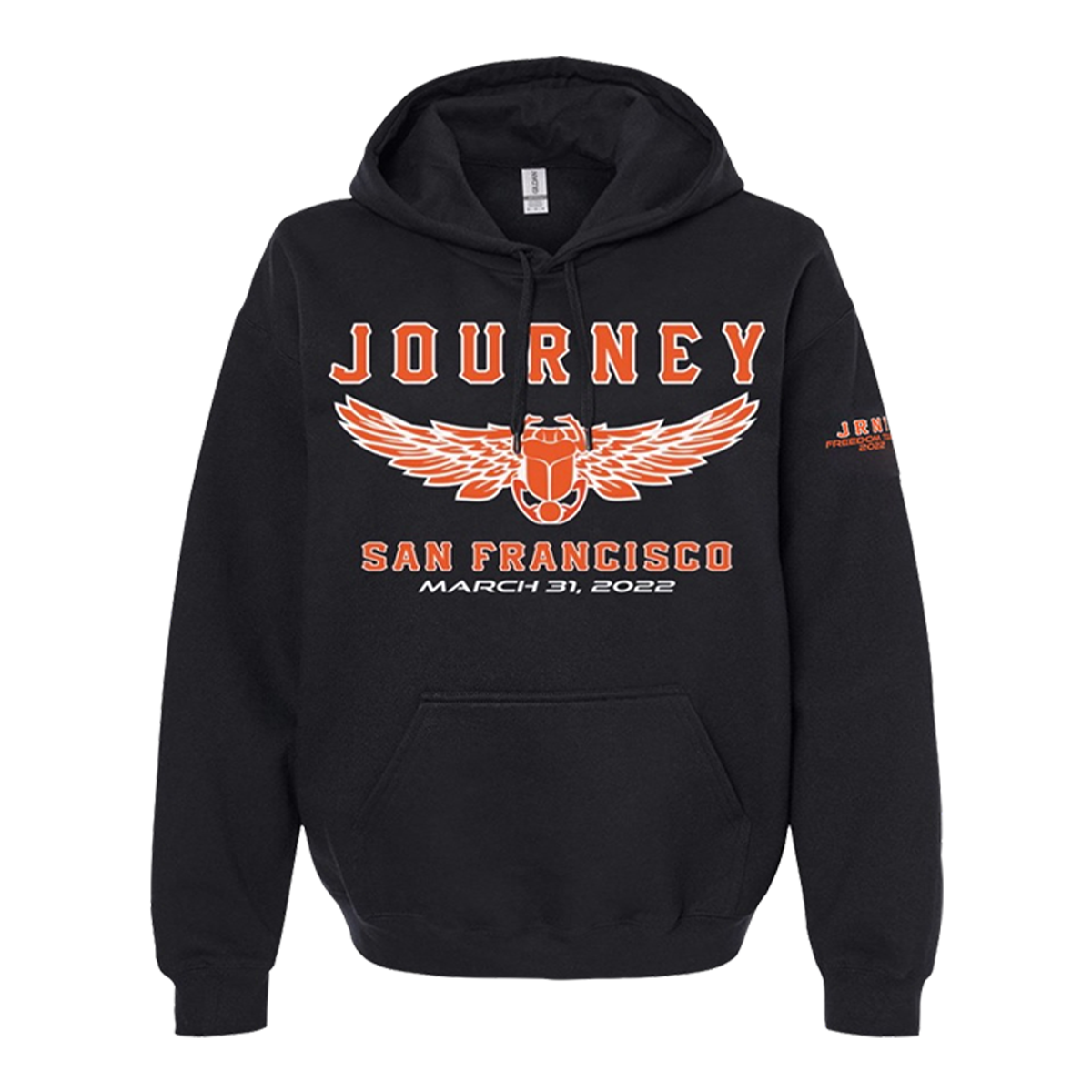 A black pullover hoodie with a front graphic that reads 'JOURNEY' and 'SAN FRANCISCO' in orange, featuring a winged emblem and the date 'MARCH 31, 2022'. A small orange graphic is printed on the left sleeve.
