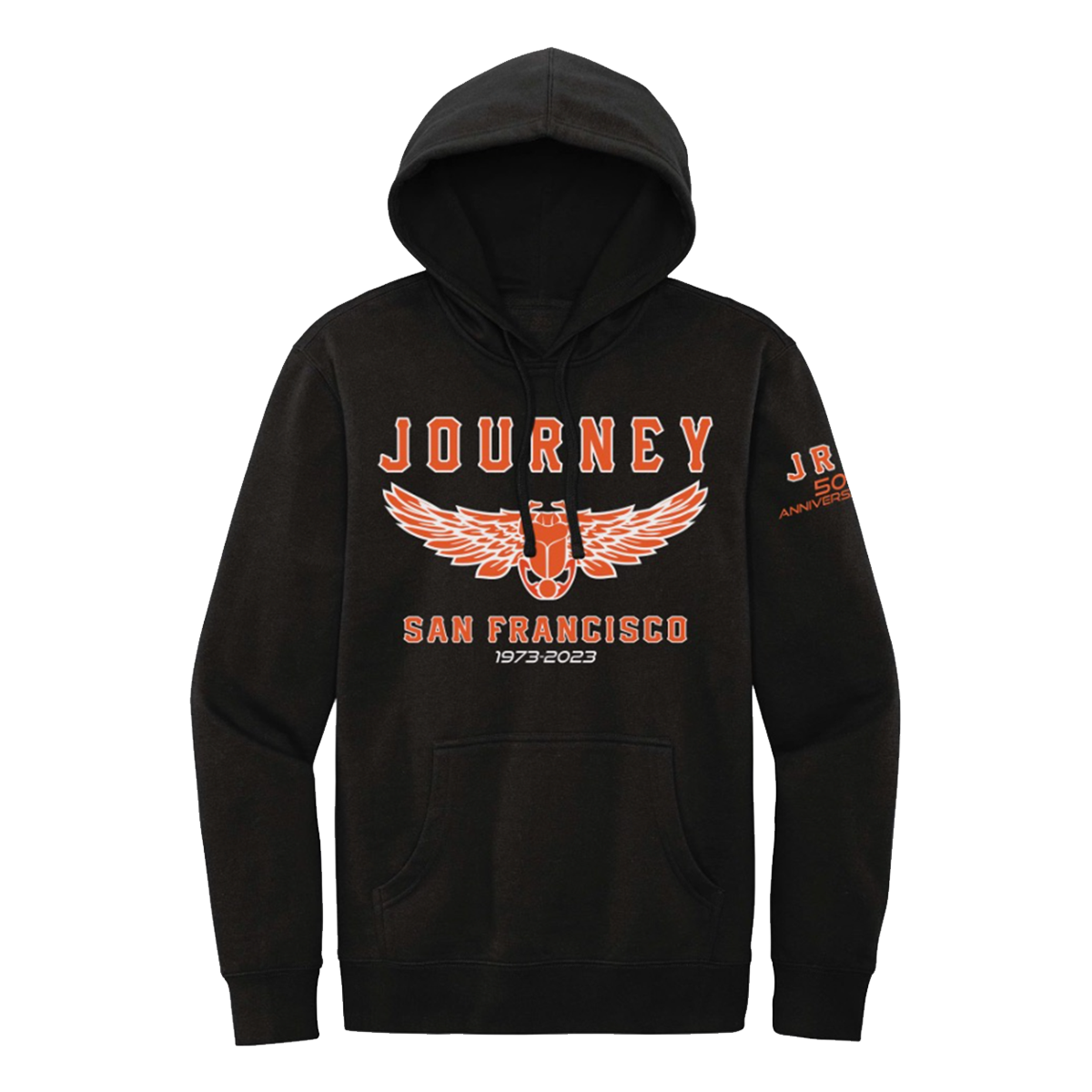 A black pullover hoodie with a front graphic that reads 'JOURNEY' and 'SAN FRANCISCO' in orange, featuring a winged emblem and the dates '1973-2023'. A small orange graphic is printed on the left sleeve.