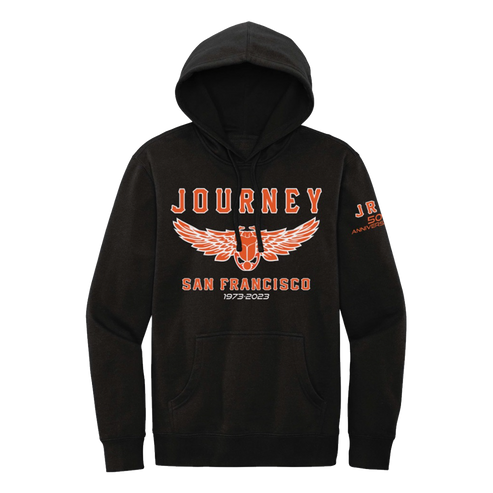 A black pullover hoodie with a front graphic that reads 'JOURNEY' and 'SAN FRANCISCO' in orange, featuring a winged emblem and the dates '1973-2023'. A small orange graphic is printed on the left sleeve.