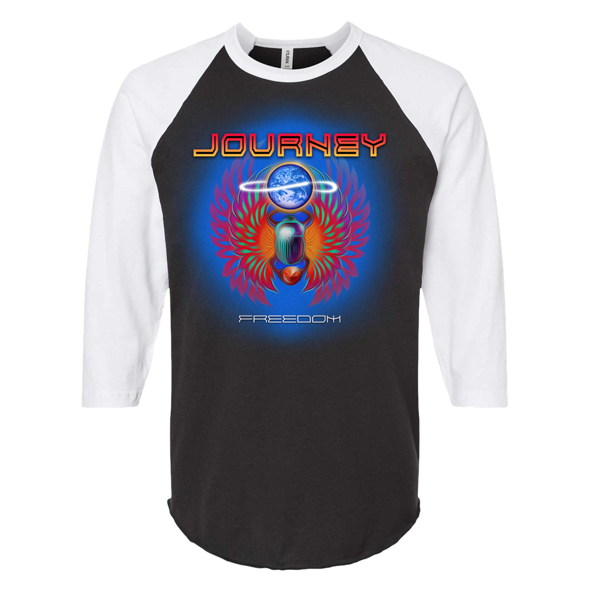 Black and white baseball shirt with colorful 'Journey' logo 