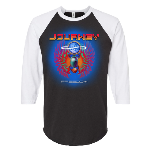 Black and white baseball shirt with colorful 'Journey' logo 