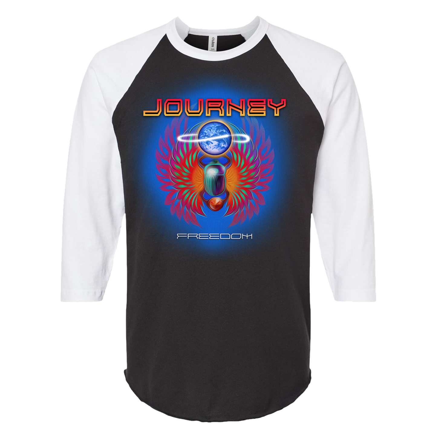 Black and white baseball shirt with colorful 'Journey' logo 