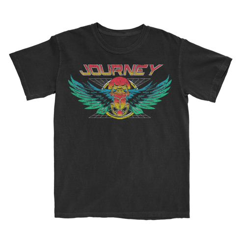 A black short-sleeve crewneck t-shirt featuring a colorful graphic print of a vintage looking scarab logo and the Journey logo