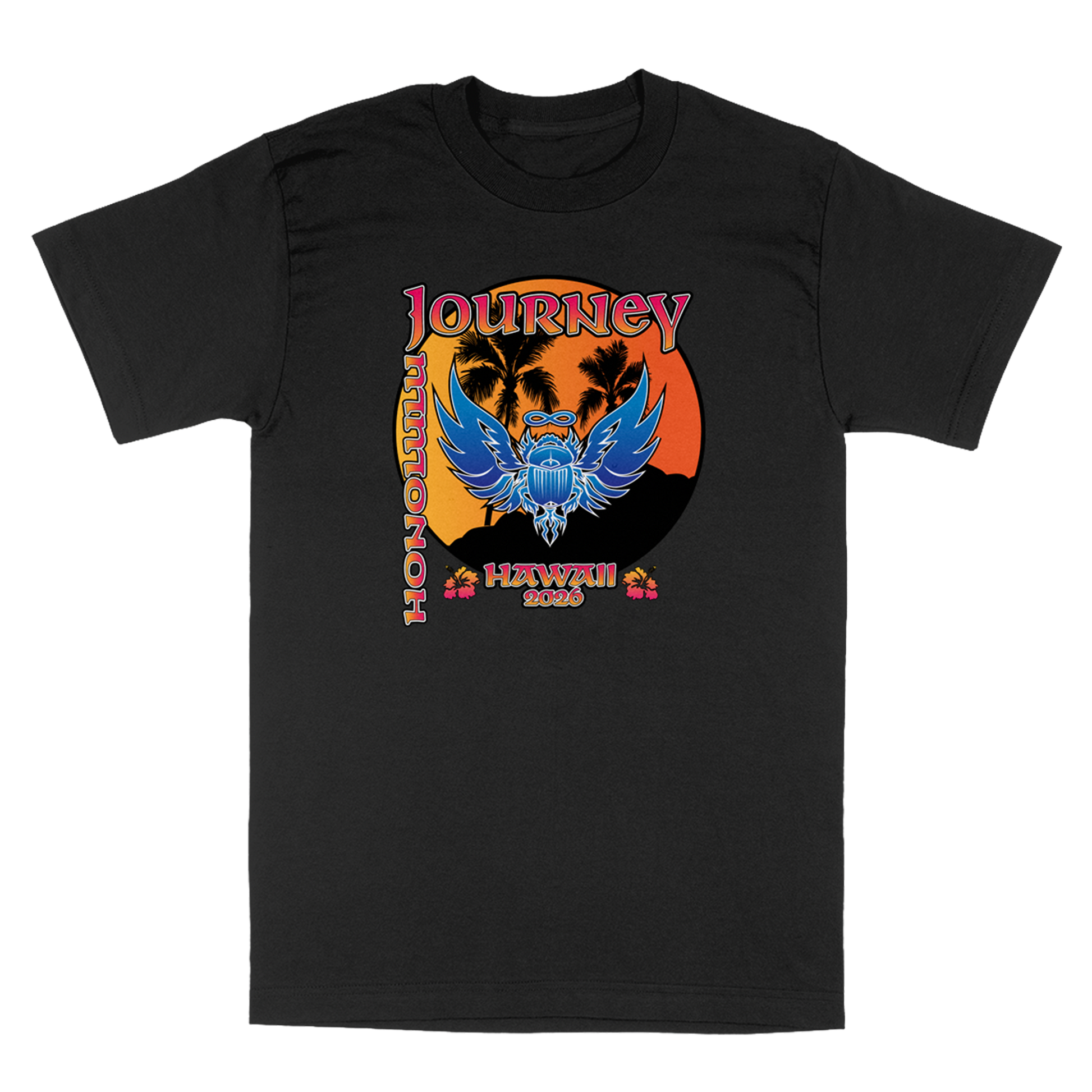 A black short-sleeve crewneck t-shirt featuring a colorful Hawaiian graphic print on the front. The graphic displays a blue winged skull over a sunset with palm trees, with the text 'JOURNEY', 'HONOLULU', and 'HAWAII 2026' printed around it.