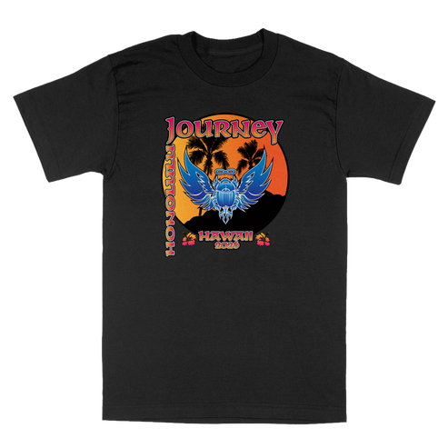 A black short-sleeve crewneck t-shirt featuring a colorful Hawaiian graphic print on the front. The graphic displays a blue winged skull over a sunset with palm trees, with the text 'JOURNEY', 'HONOLULU', and 'HAWAII 2026' printed around it.