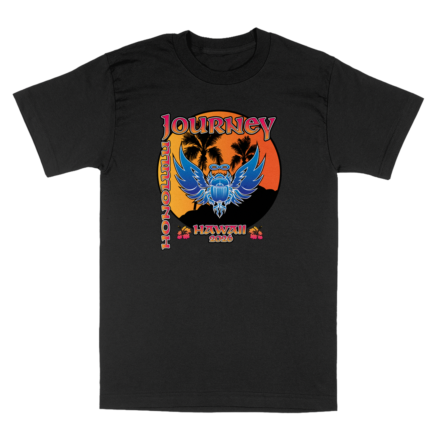 A black short-sleeve crewneck t-shirt featuring a colorful Hawaiian graphic print on the front. The graphic displays a blue winged skull over a sunset with palm trees, with the text 'JOURNEY', 'HONOLULU', and 'HAWAII 2026' printed around it.