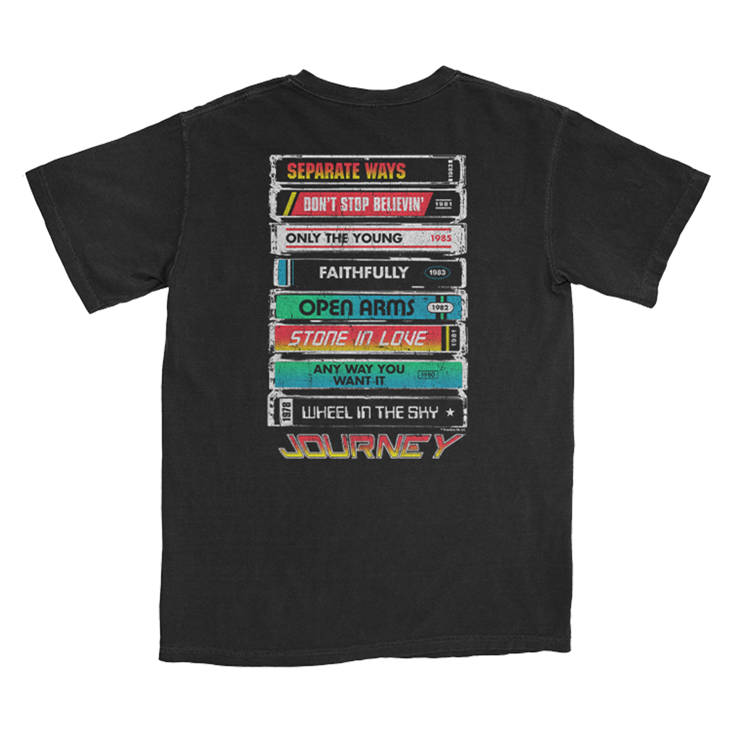 A black short-sleeve t-shirt shown from the back, featuring a large graphic print of stacked cassette tapes with various song titles including 'SEPARATE WAYS', 'DON'T STOP BELIEVIN', and 'ONLY THE YOUNG'.