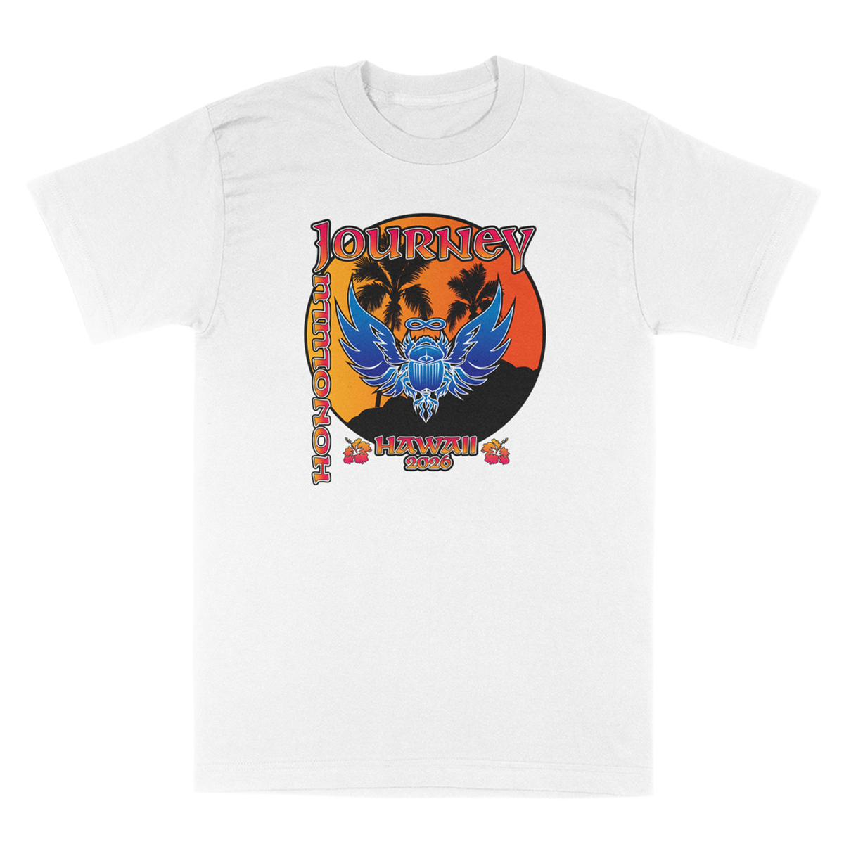 A white short-sleeve crewneck t-shirt featuring a colorful graphic print on the front. The graphic displays a blue Journey scarab logo and a sunset background with the text 'JOURNEY' HAWAII 2026'.