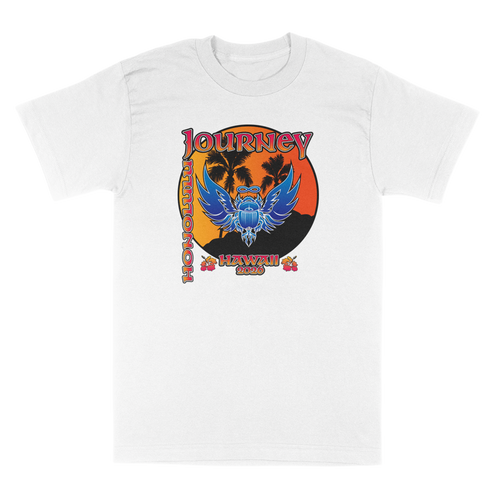 A white short-sleeve crewneck t-shirt featuring a colorful graphic print on the front. The graphic displays a blue Journey scarab logo and a sunset background with the text 'JOURNEY' HAWAII 2026'.