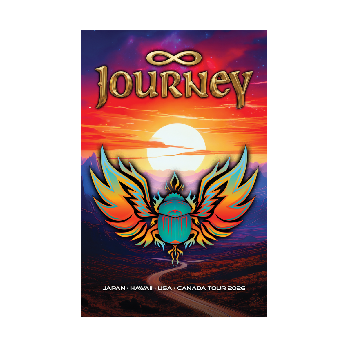 Journey Fall Tour Poster with sunset and scarab logo design