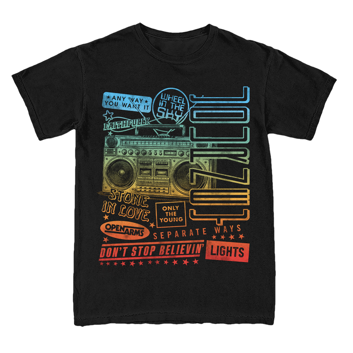 A black short-sleeve graphic t-shirt featuring a retro-style multicolor print of a boombox and text including Journey's Greatest Hits