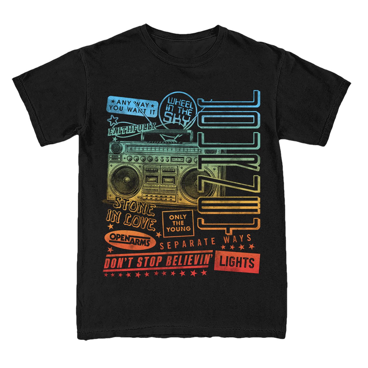A black short-sleeve graphic t-shirt featuring a retro-style multicolor print of a boombox and text including Journey's Greatest Hits