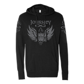 Black hoodie with 'Journey' logo on a white background