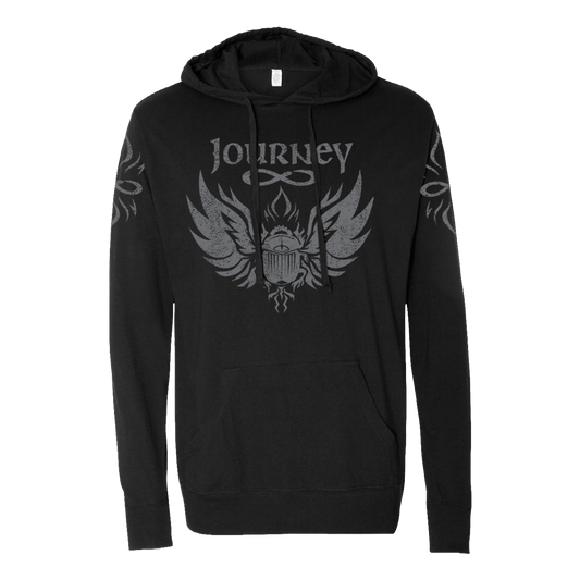 Black hoodie with 'Journey' logo on a white background