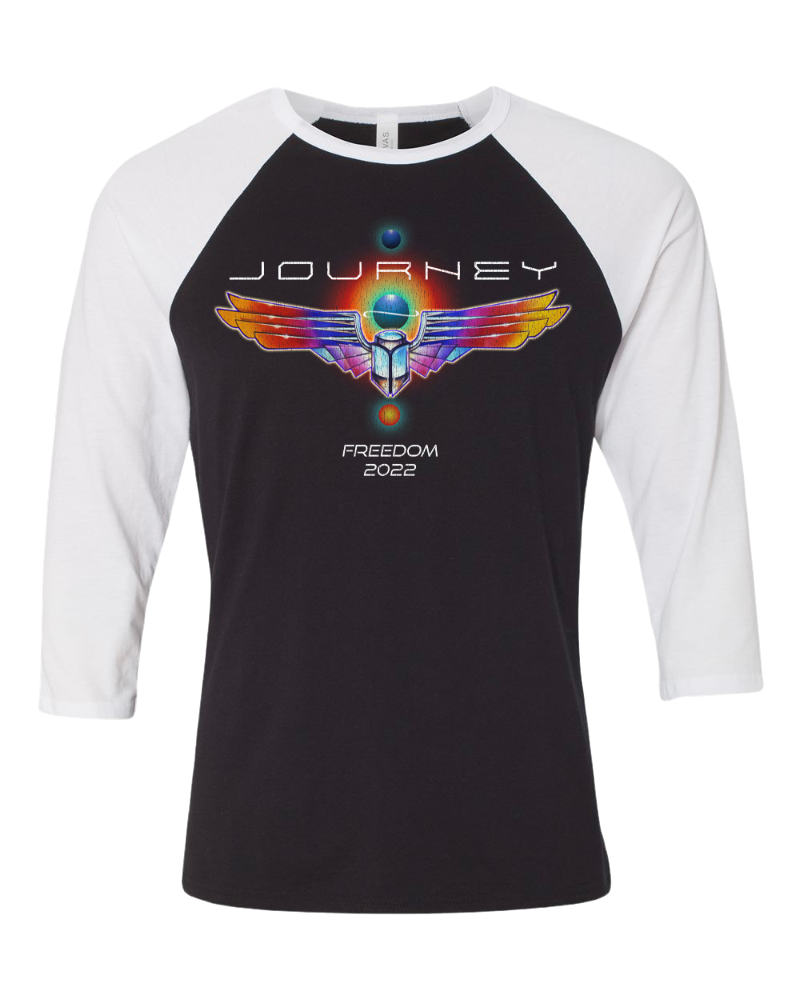 Journey deco wings logo on a black and white raglan tee 