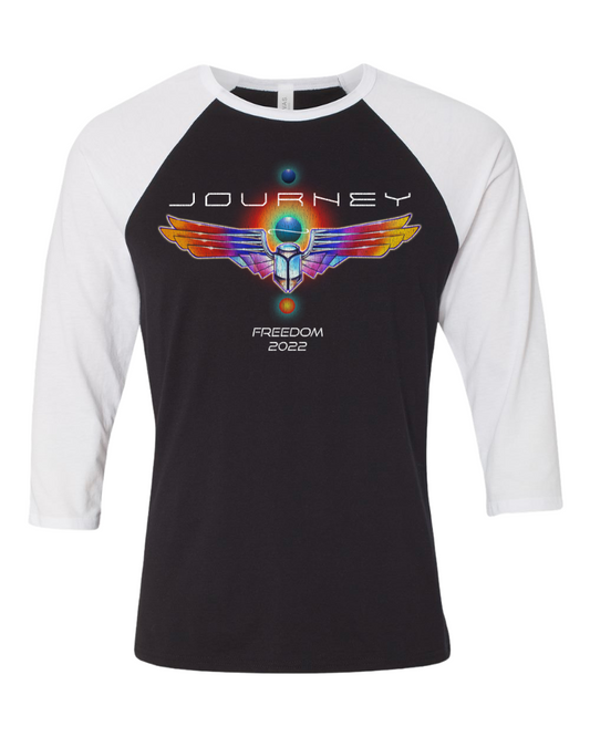 Journey deco wings logo on a black and white raglan tee