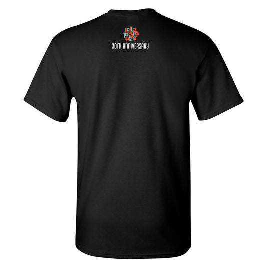Journey x Lollapalooza infinity wings logo on a black tee back featuring the Lollapalooza logo and "30th anniversary"