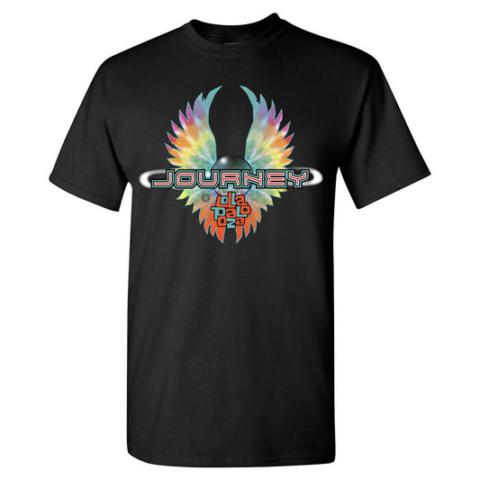 Journey x Lollapalooza infinity wings logo on a black tee front