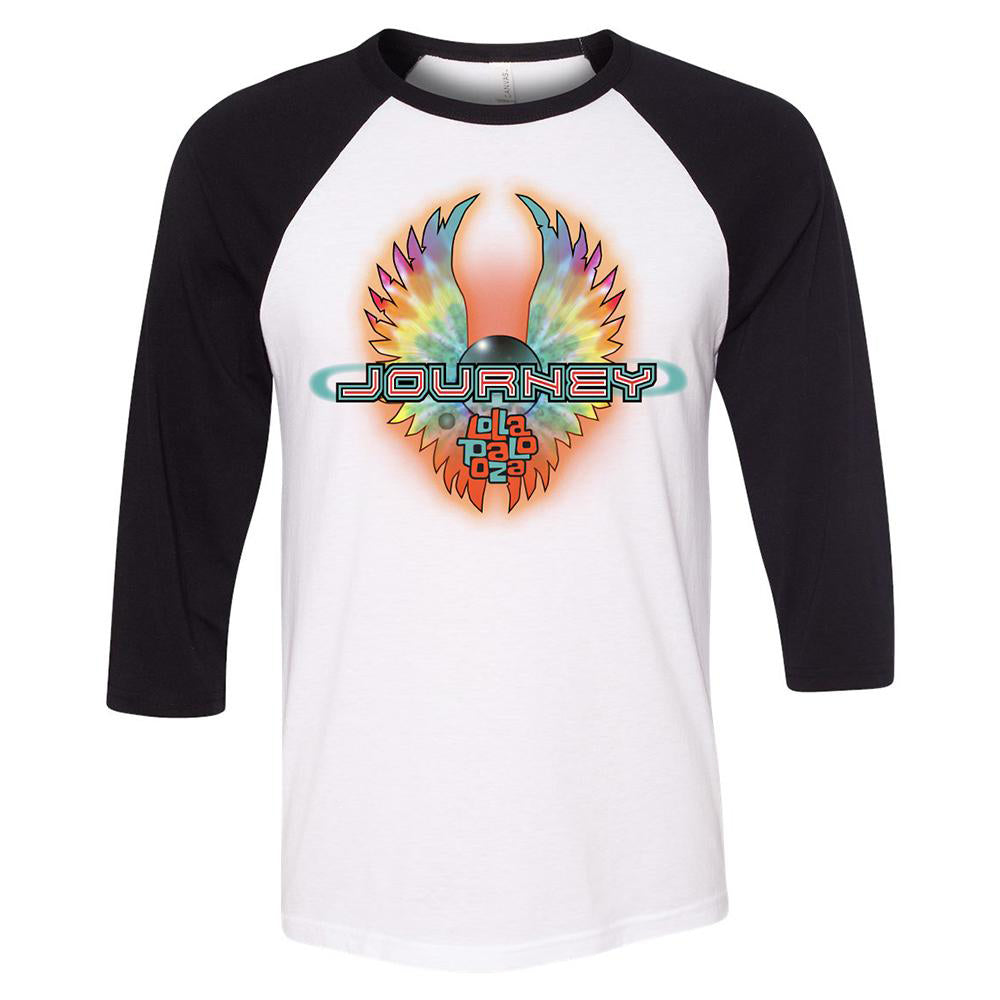 Journey x Lollapalooza infinity wings logo on a white and black raglan tee front